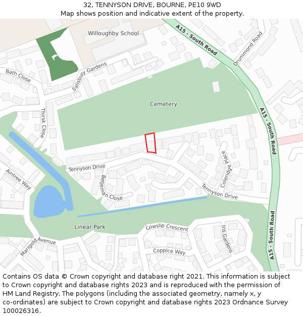 32, TENNYSON DRIVE, BOURNE, PE10 9WD: Location map and indicative extent of plot