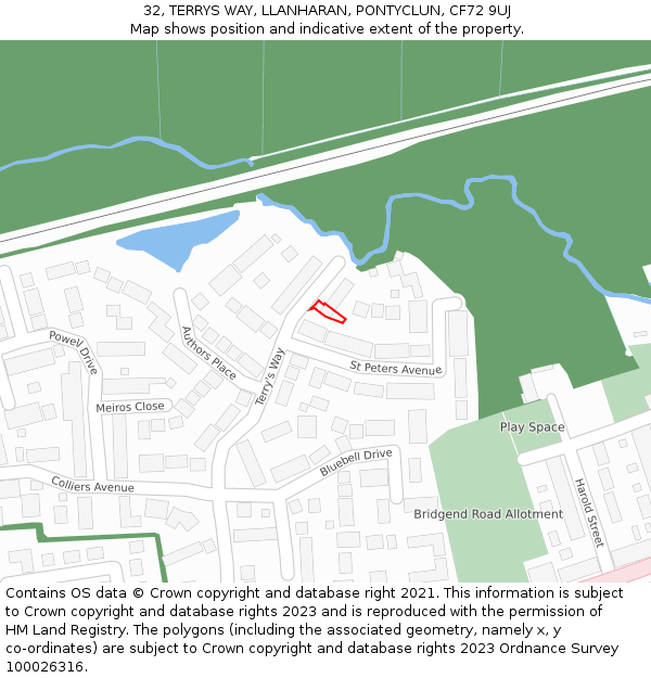 32, TERRYS WAY, LLANHARAN, PONTYCLUN, CF72 9UJ: Location map and indicative extent of plot