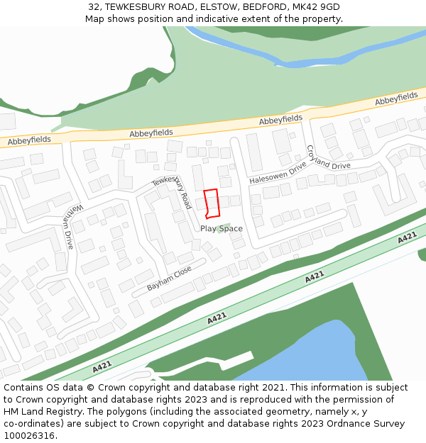 32, TEWKESBURY ROAD, ELSTOW, BEDFORD, MK42 9GD: Location map and indicative extent of plot