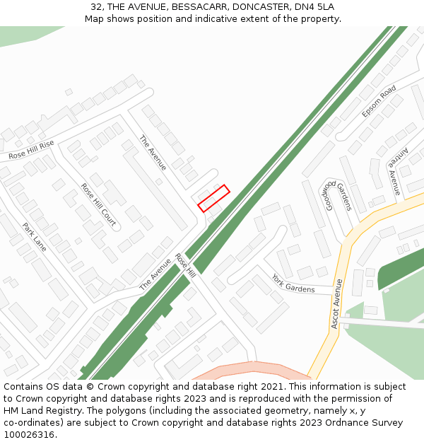 32, THE AVENUE, BESSACARR, DONCASTER, DN4 5LA: Location map and indicative extent of plot