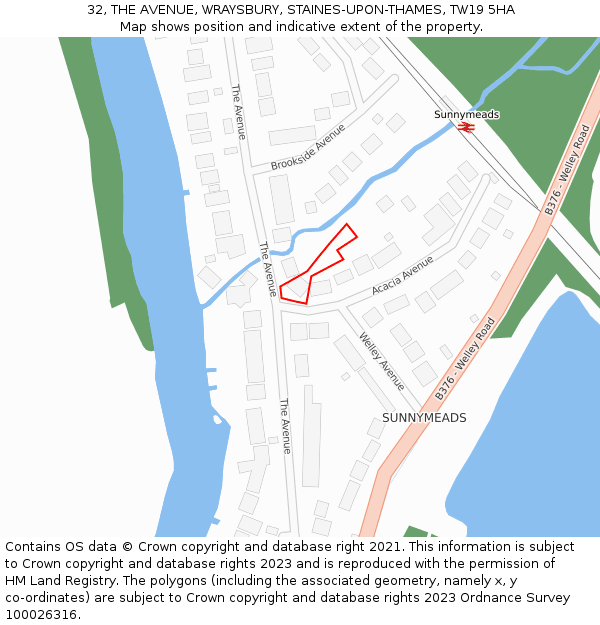 32, THE AVENUE, WRAYSBURY, STAINES-UPON-THAMES, TW19 5HA: Location map and indicative extent of plot