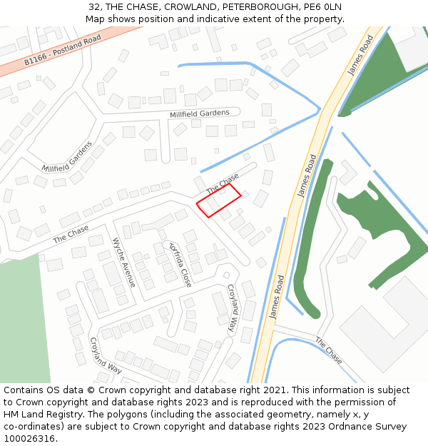 32, THE CHASE, CROWLAND, PETERBOROUGH, PE6 0LN: Location map and indicative extent of plot
