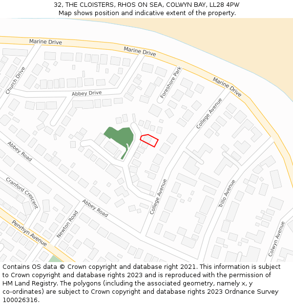 32, THE CLOISTERS, RHOS ON SEA, COLWYN BAY, LL28 4PW: Location map and indicative extent of plot