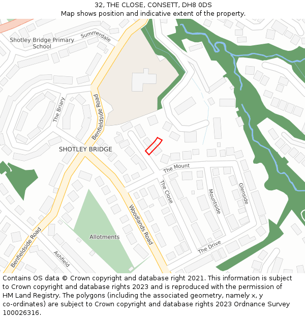 32, THE CLOSE, CONSETT, DH8 0DS: Location map and indicative extent of plot