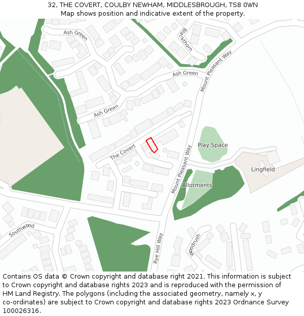 32, THE COVERT, COULBY NEWHAM, MIDDLESBROUGH, TS8 0WN: Location map and indicative extent of plot
