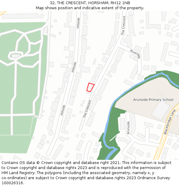 32, THE CRESCENT, HORSHAM, RH12 1NB: Location map and indicative extent of plot