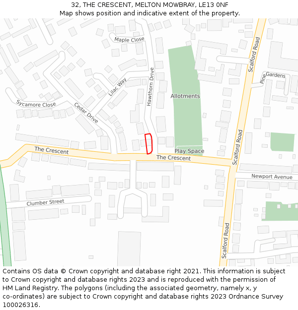 32, THE CRESCENT, MELTON MOWBRAY, LE13 0NF: Location map and indicative extent of plot