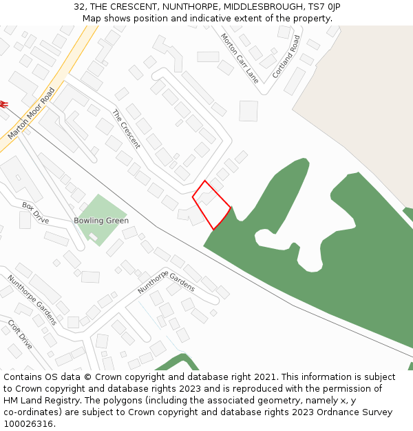 32, THE CRESCENT, NUNTHORPE, MIDDLESBROUGH, TS7 0JP: Location map and indicative extent of plot