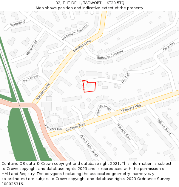 32, THE DELL, TADWORTH, KT20 5TQ: Location map and indicative extent of plot