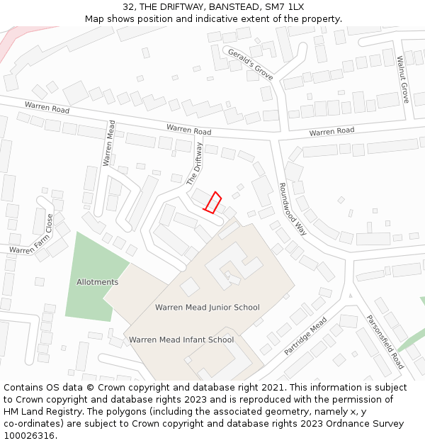 32, THE DRIFTWAY, BANSTEAD, SM7 1LX: Location map and indicative extent of plot