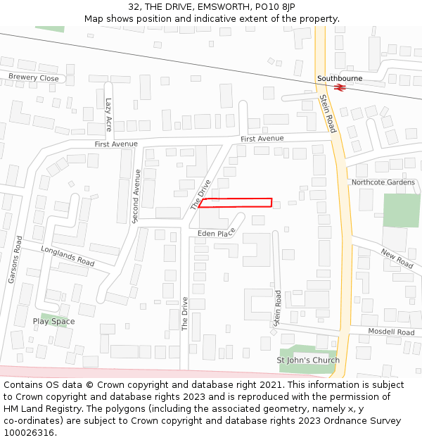 32, THE DRIVE, EMSWORTH, PO10 8JP: Location map and indicative extent of plot