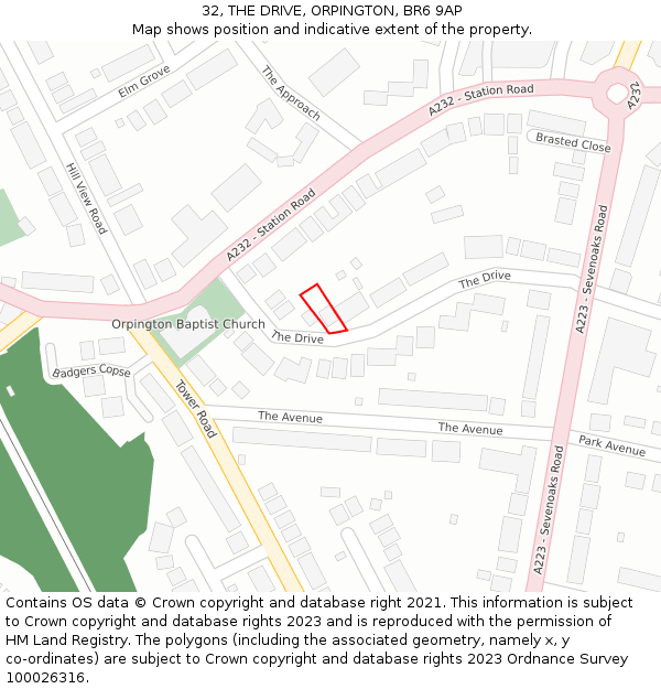 32, THE DRIVE, ORPINGTON, BR6 9AP: Location map and indicative extent of plot