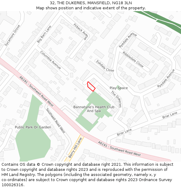 32, THE DUKERIES, MANSFIELD, NG18 3LN: Location map and indicative extent of plot