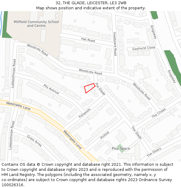 32, THE GLADE, LEICESTER, LE3 2WB: Location map and indicative extent of plot