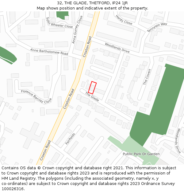 32, THE GLADE, THETFORD, IP24 1JR: Location map and indicative extent of plot