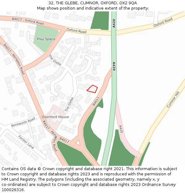 32, THE GLEBE, CUMNOR, OXFORD, OX2 9QA: Location map and indicative extent of plot