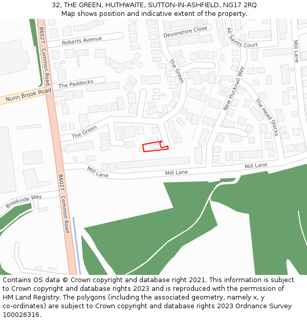 32, THE GREEN, HUTHWAITE, SUTTON-IN-ASHFIELD, NG17 2RQ: Location map and indicative extent of plot