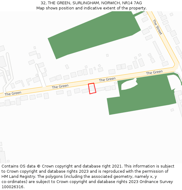 32, THE GREEN, SURLINGHAM, NORWICH, NR14 7AG: Location map and indicative extent of plot