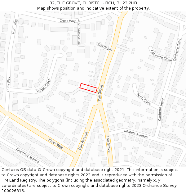 32, THE GROVE, CHRISTCHURCH, BH23 2HB: Location map and indicative extent of plot