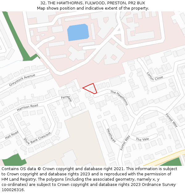 32, THE HAWTHORNS, FULWOOD, PRESTON, PR2 8UX: Location map and indicative extent of plot