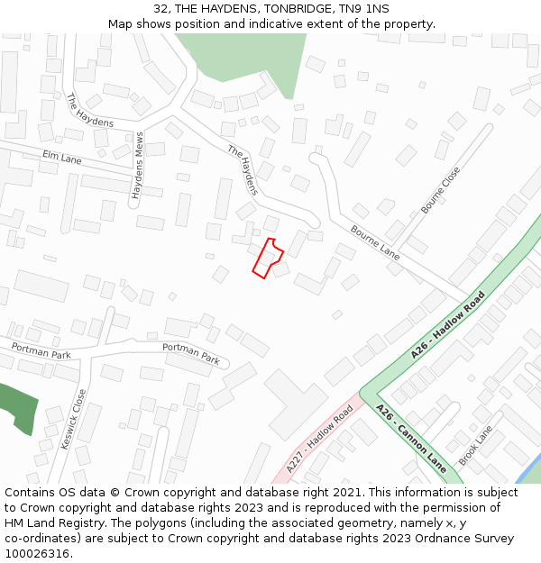 32, THE HAYDENS, TONBRIDGE, TN9 1NS: Location map and indicative extent of plot