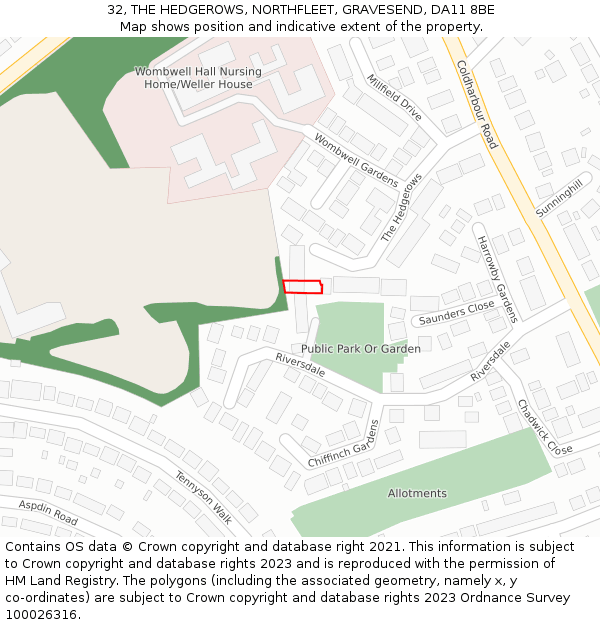 32, THE HEDGEROWS, NORTHFLEET, GRAVESEND, DA11 8BE: Location map and indicative extent of plot