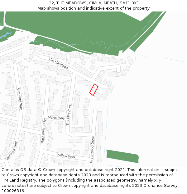 32, THE MEADOWS, CIMLA, NEATH, SA11 3XF: Location map and indicative extent of plot
