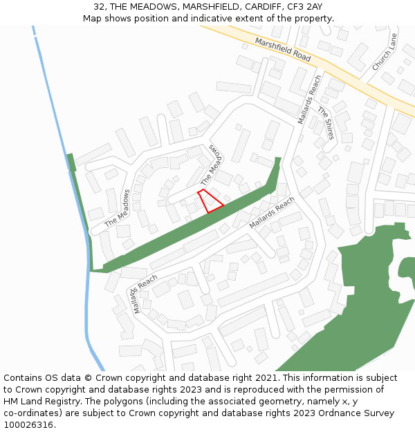 32, THE MEADOWS, MARSHFIELD, CARDIFF, CF3 2AY: Location map and indicative extent of plot