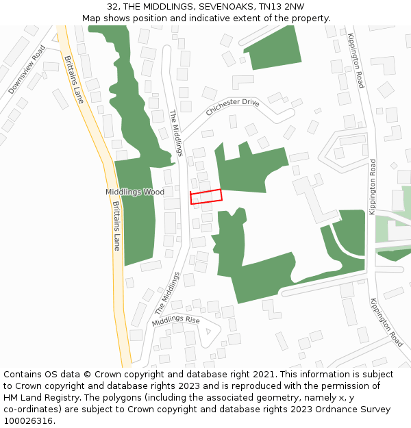 32, THE MIDDLINGS, SEVENOAKS, TN13 2NW: Location map and indicative extent of plot