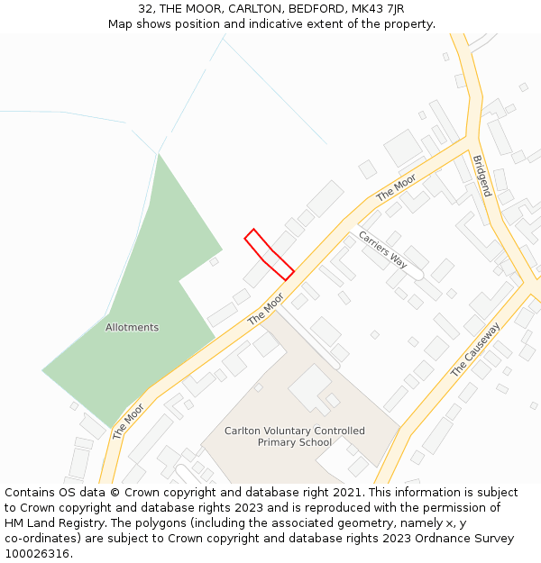 32, THE MOOR, CARLTON, BEDFORD, MK43 7JR: Location map and indicative extent of plot