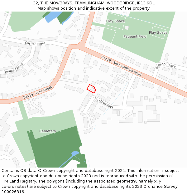 32, THE MOWBRAYS, FRAMLINGHAM, WOODBRIDGE, IP13 9DL: Location map and indicative extent of plot