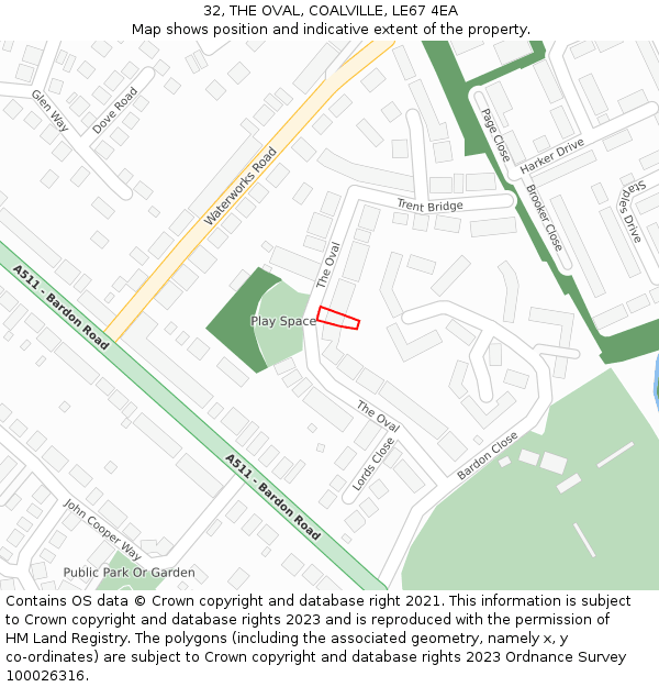 32, THE OVAL, COALVILLE, LE67 4EA: Location map and indicative extent of plot