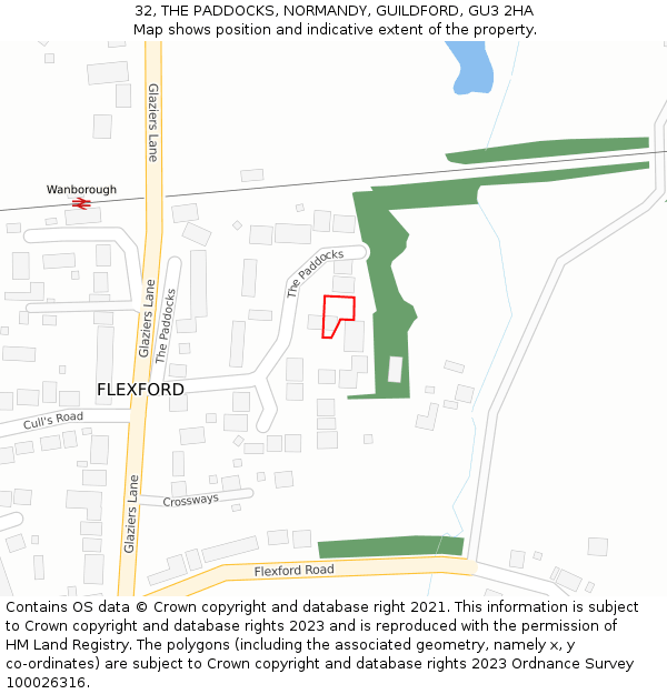 32, THE PADDOCKS, NORMANDY, GUILDFORD, GU3 2HA: Location map and indicative extent of plot