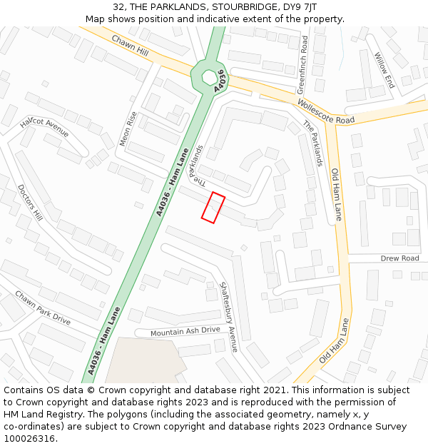 32, THE PARKLANDS, STOURBRIDGE, DY9 7JT: Location map and indicative extent of plot