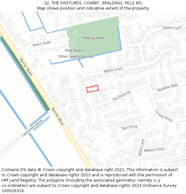 32, THE PASTURES, COWBIT, SPALDING, PE12 6FL: Location map and indicative extent of plot