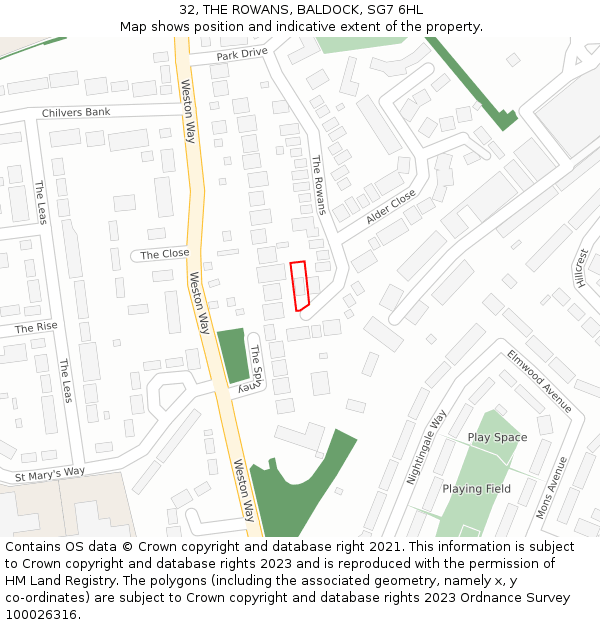 32, THE ROWANS, BALDOCK, SG7 6HL: Location map and indicative extent of plot