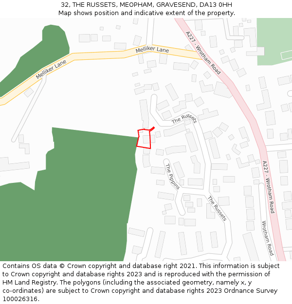 32, THE RUSSETS, MEOPHAM, GRAVESEND, DA13 0HH: Location map and indicative extent of plot