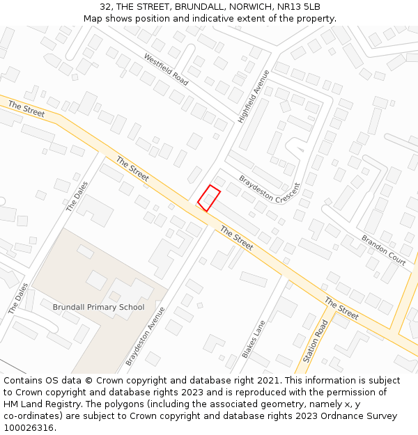 32, THE STREET, BRUNDALL, NORWICH, NR13 5LB: Location map and indicative extent of plot