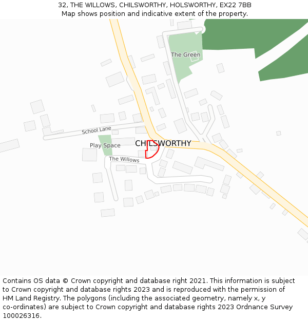 32, THE WILLOWS, CHILSWORTHY, HOLSWORTHY, EX22 7BB: Location map and indicative extent of plot