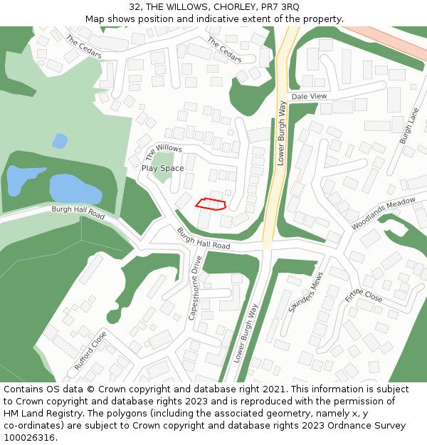 32, THE WILLOWS, CHORLEY, PR7 3RQ: Location map and indicative extent of plot