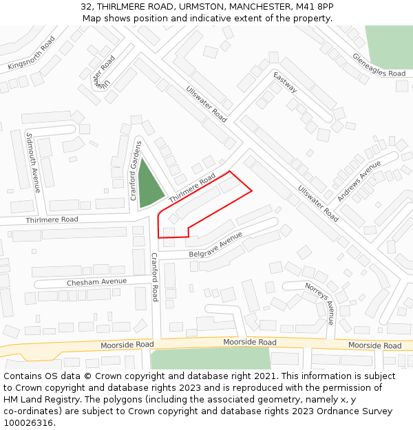 32, THIRLMERE ROAD, URMSTON, MANCHESTER, M41 8PP: Location map and indicative extent of plot