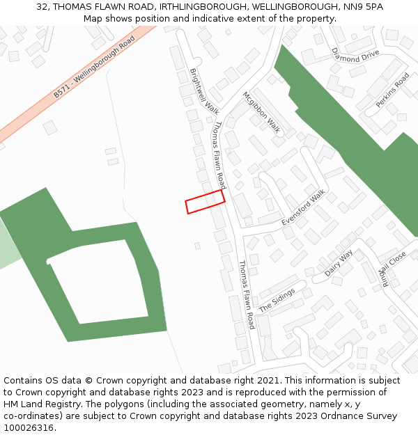 32, THOMAS FLAWN ROAD, IRTHLINGBOROUGH, WELLINGBOROUGH, NN9 5PA: Location map and indicative extent of plot