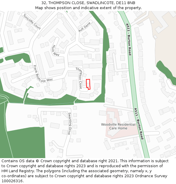 32, THOMPSON CLOSE, SWADLINCOTE, DE11 8NB: Location map and indicative extent of plot