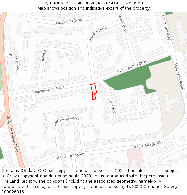 32, THORNEYHOLME DRIVE, KNUTSFORD, WA16 8BT: Location map and indicative extent of plot