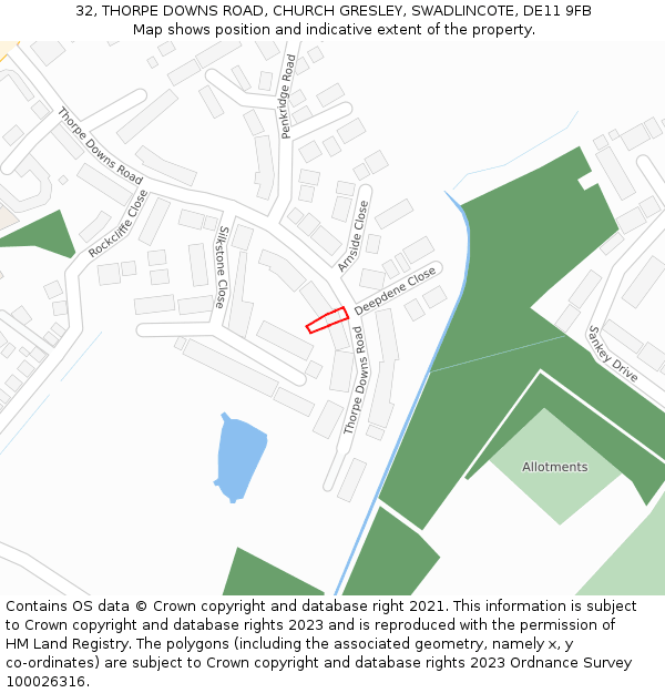 32, THORPE DOWNS ROAD, CHURCH GRESLEY, SWADLINCOTE, DE11 9FB: Location map and indicative extent of plot