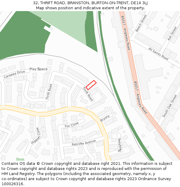 32, THRIFT ROAD, BRANSTON, BURTON-ON-TRENT, DE14 3LJ: Location map and indicative extent of plot