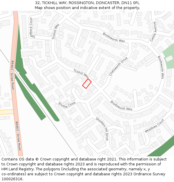 32, TICKHILL WAY, ROSSINGTON, DONCASTER, DN11 0FL: Location map and indicative extent of plot