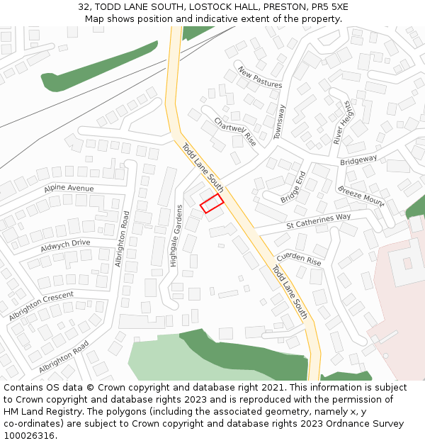 32, TODD LANE SOUTH, LOSTOCK HALL, PRESTON, PR5 5XE: Location map and indicative extent of plot