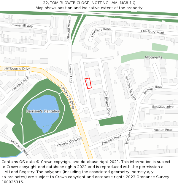 32, TOM BLOWER CLOSE, NOTTINGHAM, NG8 1JQ: Location map and indicative extent of plot