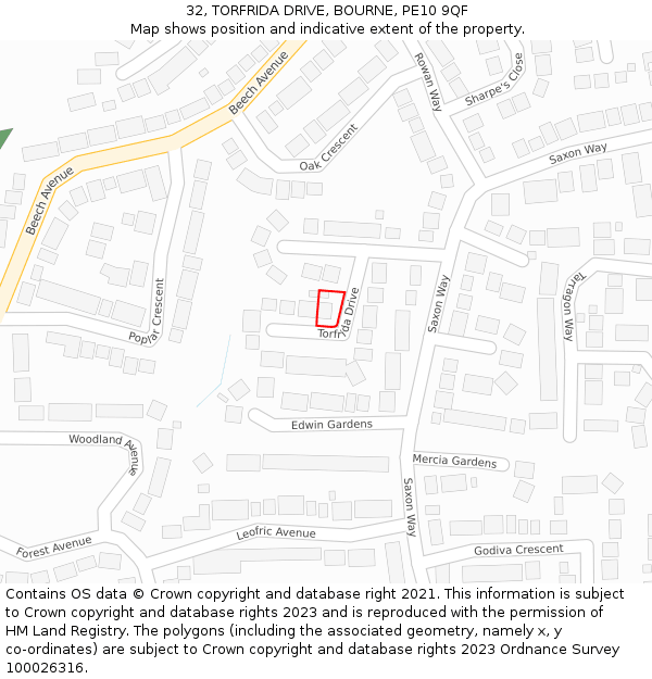 32, TORFRIDA DRIVE, BOURNE, PE10 9QF: Location map and indicative extent of plot